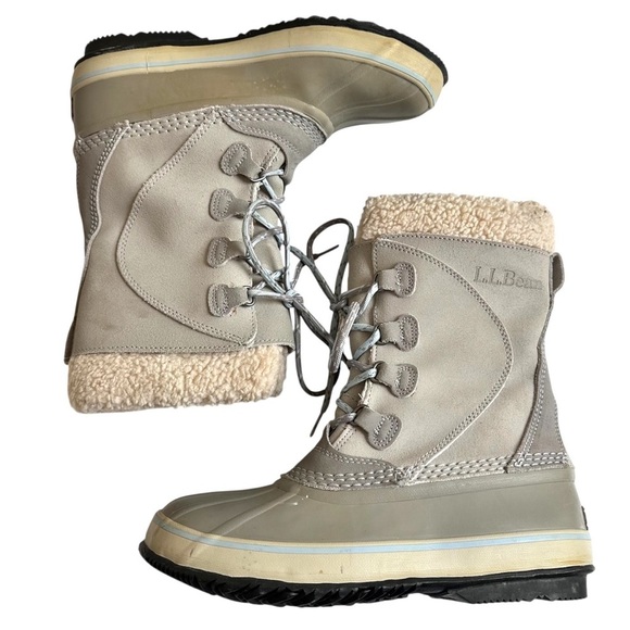 L.L. Bean Women’s Suede Snow Boots Gray Fleece Lined Duck Winter Lace Up Size 8 - Picture 4 of 10